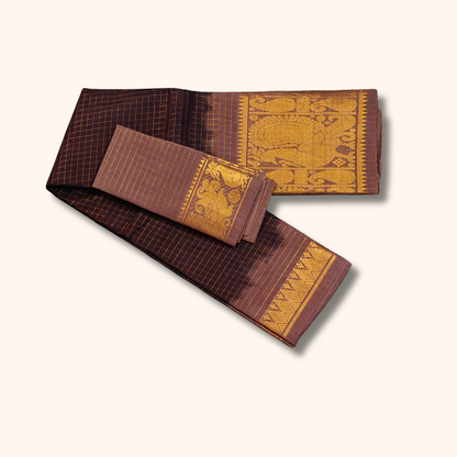 Dark Coffee Brown Sungudi Cotton Saree with Rich Gold Peacock Zari Border