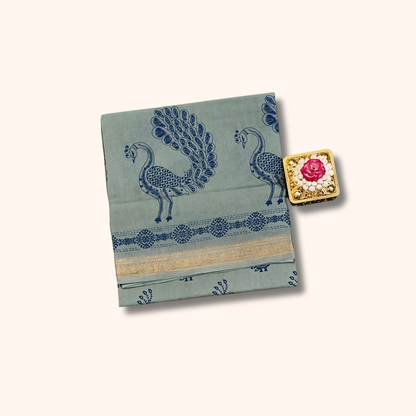 Authentic Grey Cotton Saree with Peacock Print Design