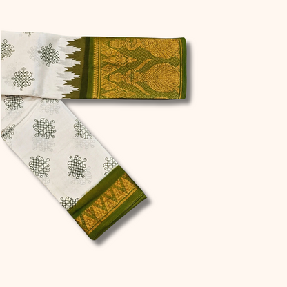 White & Green Dancing Girl Border Kolam Sungudi Cotton Saree