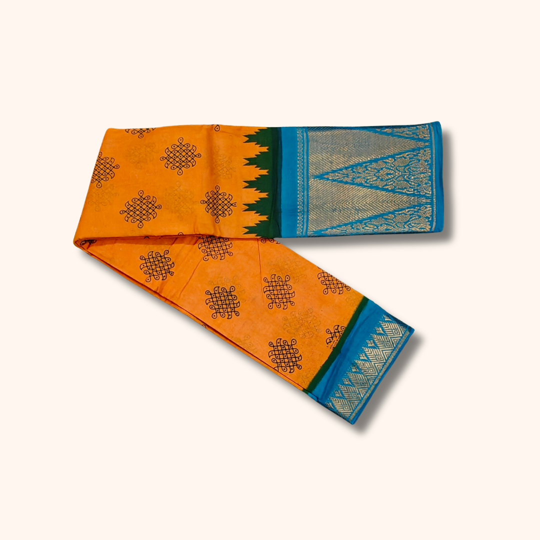 Mustard Yellow Kolam Cotton Saree with Sky Blue Temple Zari Border