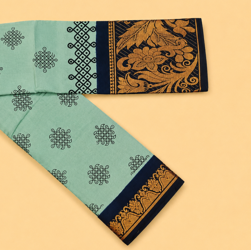 Authentic Kolam Sage Green Printed Cotton Saree with Navy Blue Floral Border