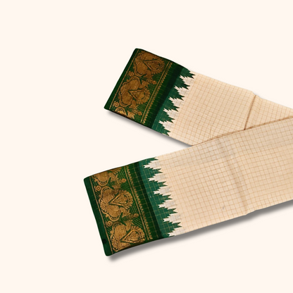 Off-White Checked Sungudi Cotton Saree with Bottle Green Peacock Zari Border