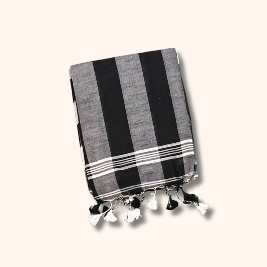 Mulmul Cotton Grey & Black Striped Saree