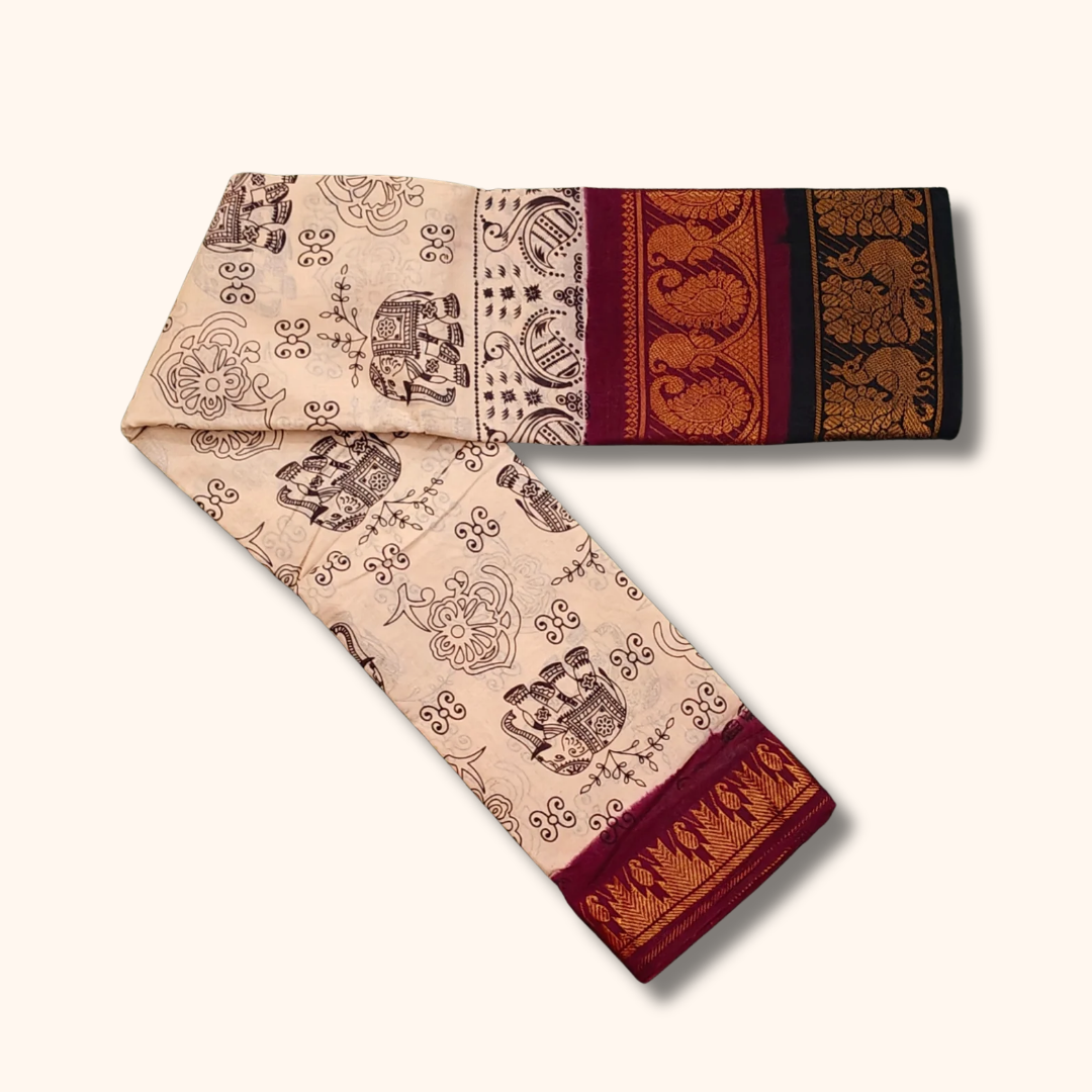 Cream Elephant Print Double Border Sungudi Cotton Saree – Traditional Peacock Border