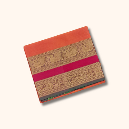 Peach Orange Chettinad Cotton Saree with Traditional Zari Border