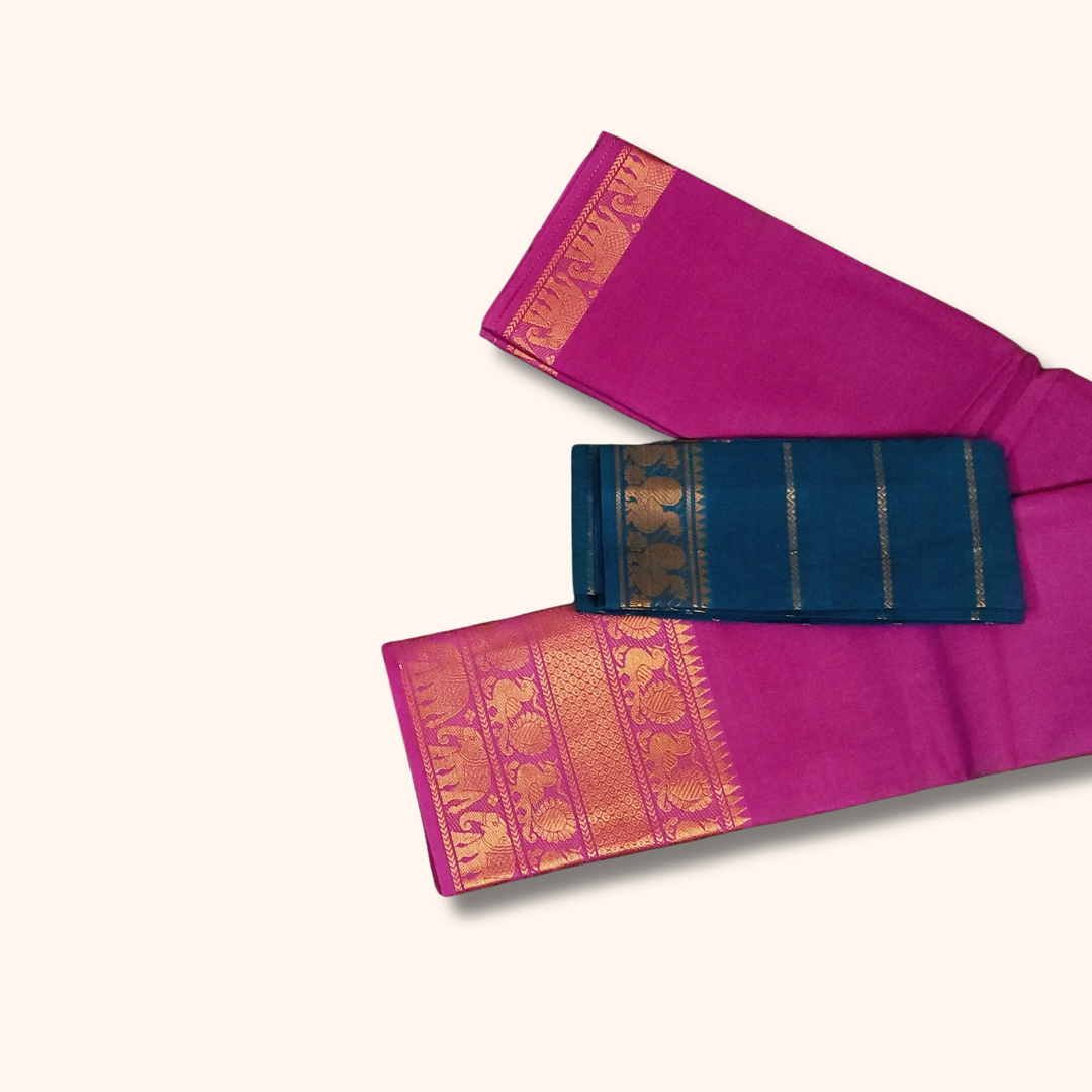 Rani Pink Pure Cotton Saree with Teal Blue Contrast Blouse