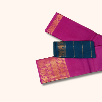 Rani Pink Pure Cotton Saree with Teal Blue Contrast Blouse