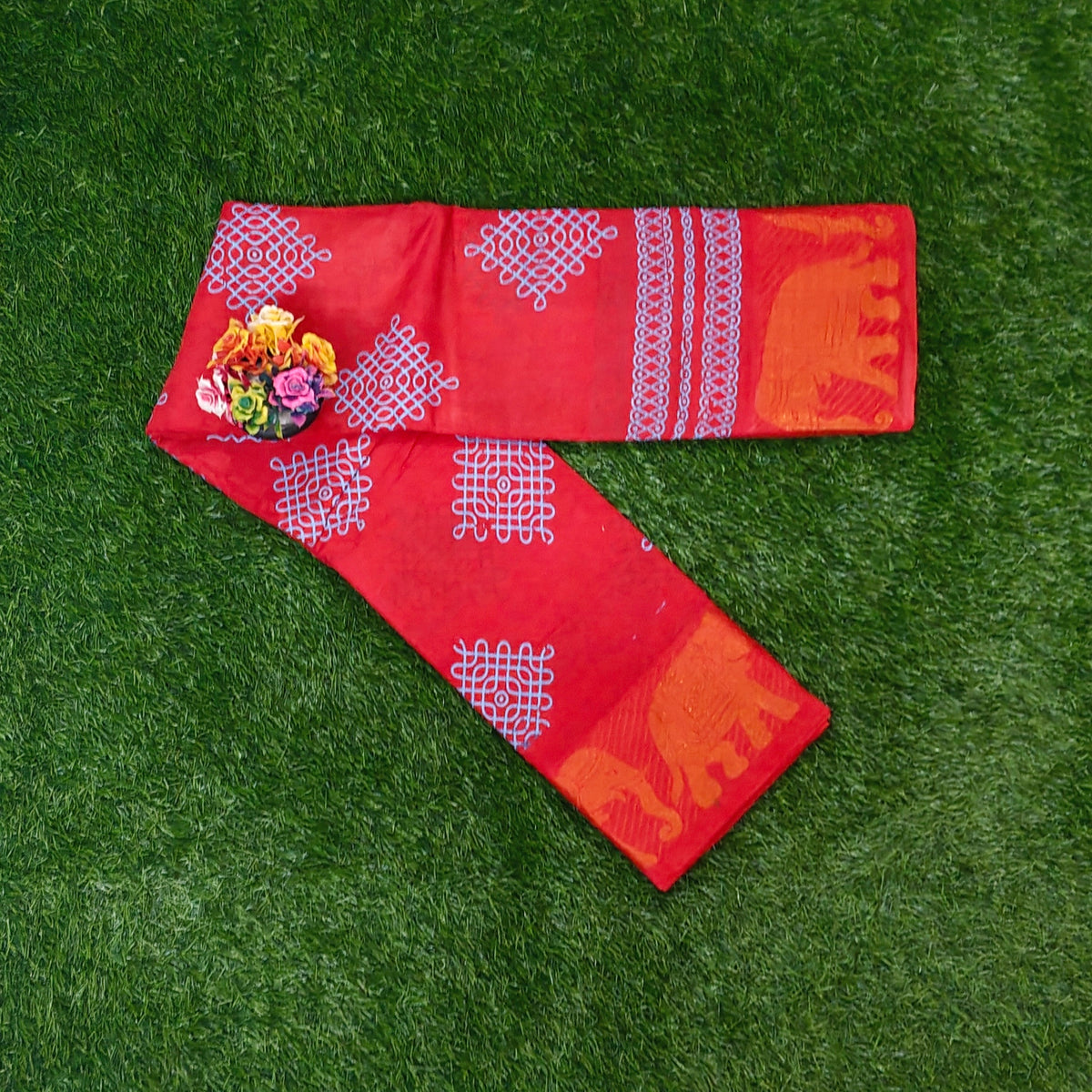 Authentic Red Kolam Sungudi Cotton Saree with Elephant Zari Border