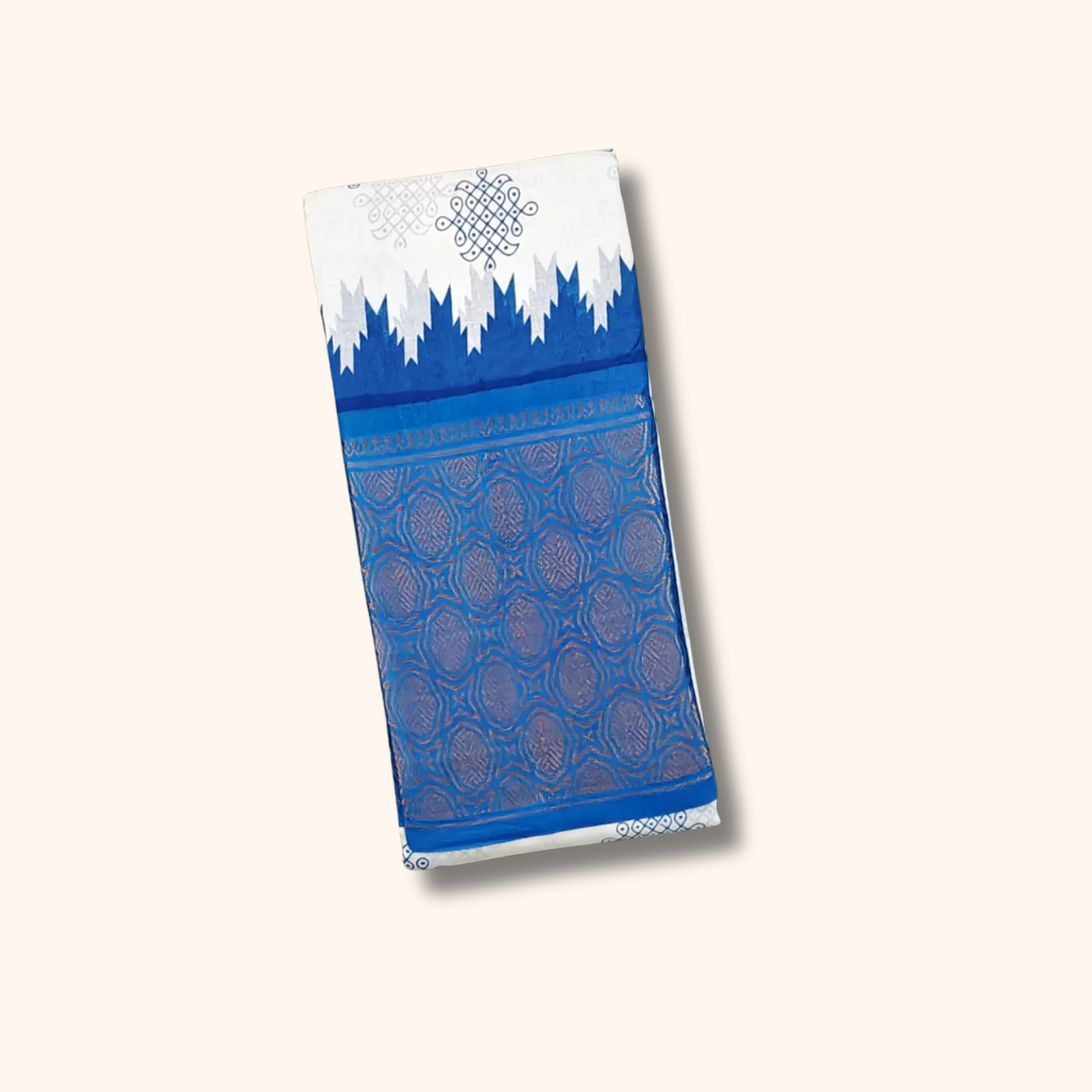 White & Royal Blue Kolam Temple Border Sungudi Cotton Saree
