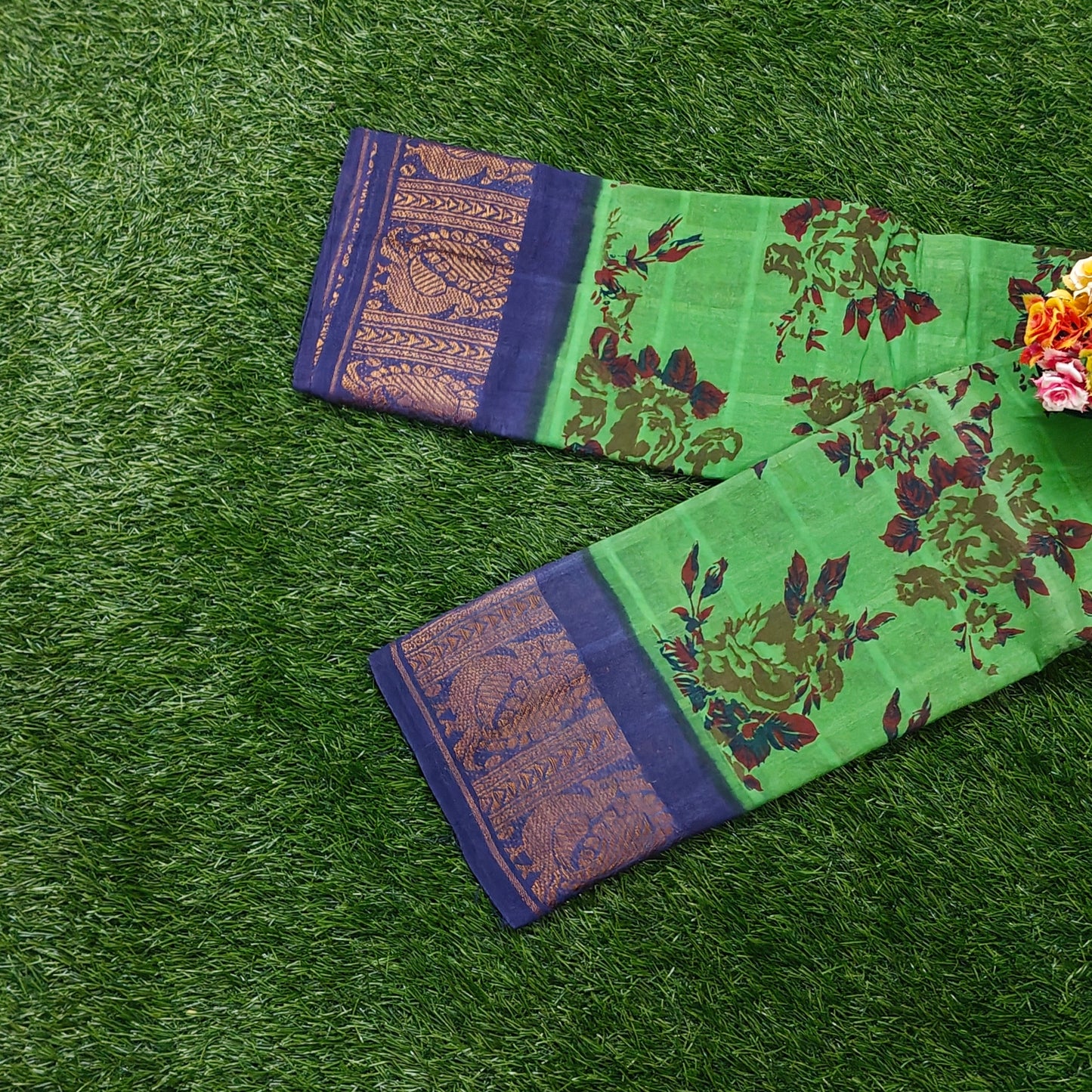 Parrot Green Floral Printed Saree with Navy Blue Peacock Border