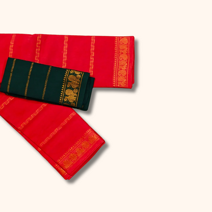 Bright Red Cotton Saree with Bottle Green Separate Blouse