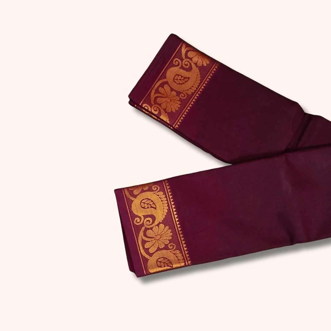 Wine Pure Cotton Saree with Traditional Paisley & Floral Border – Running Blouse