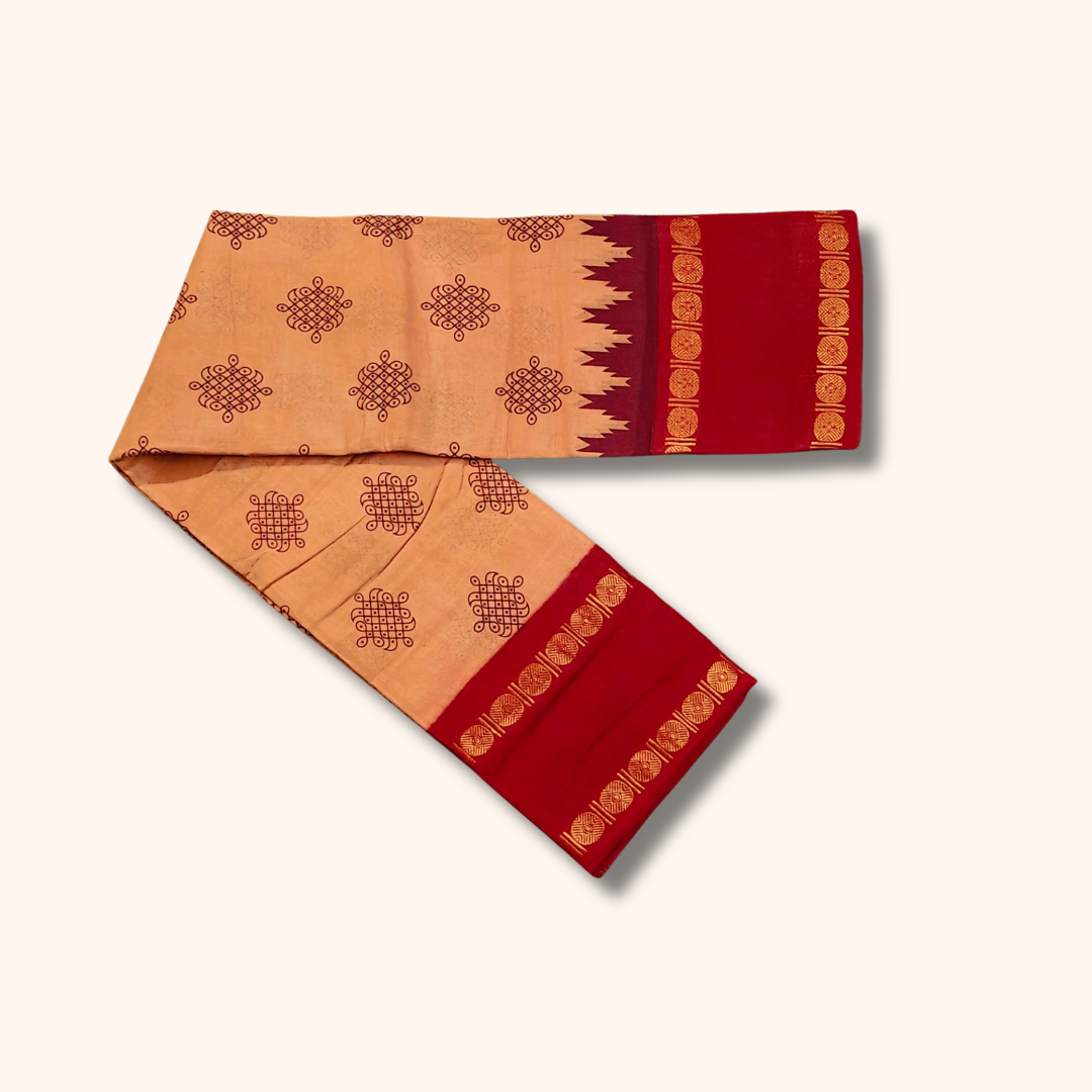 Peach Sungudi Cotton Saree with Red Traditional Border – Running Blouse