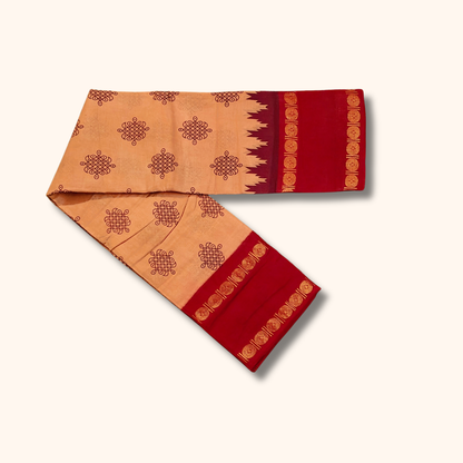 Peach Sungudi Cotton Saree with Red Traditional Border – Running Blouse
