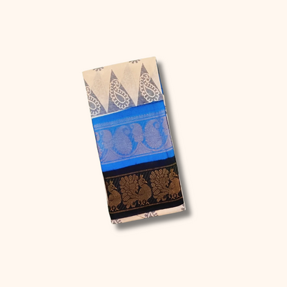 Cream Paisley Double Border Sungudi Cotton Saree – Royal Blue Peacock Border