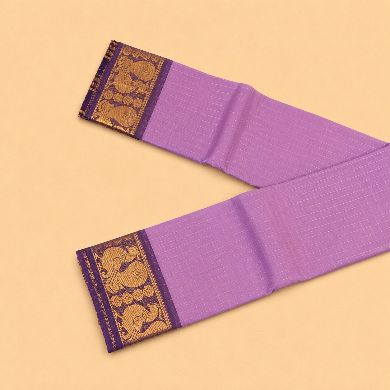 Attractive Lavender Purple Chettinad Cotton Saree with Peacock Border