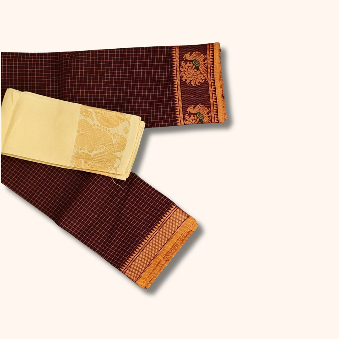 Maroon Thread Work Zari Chettinad Cotton Saree with Separate Blouse
