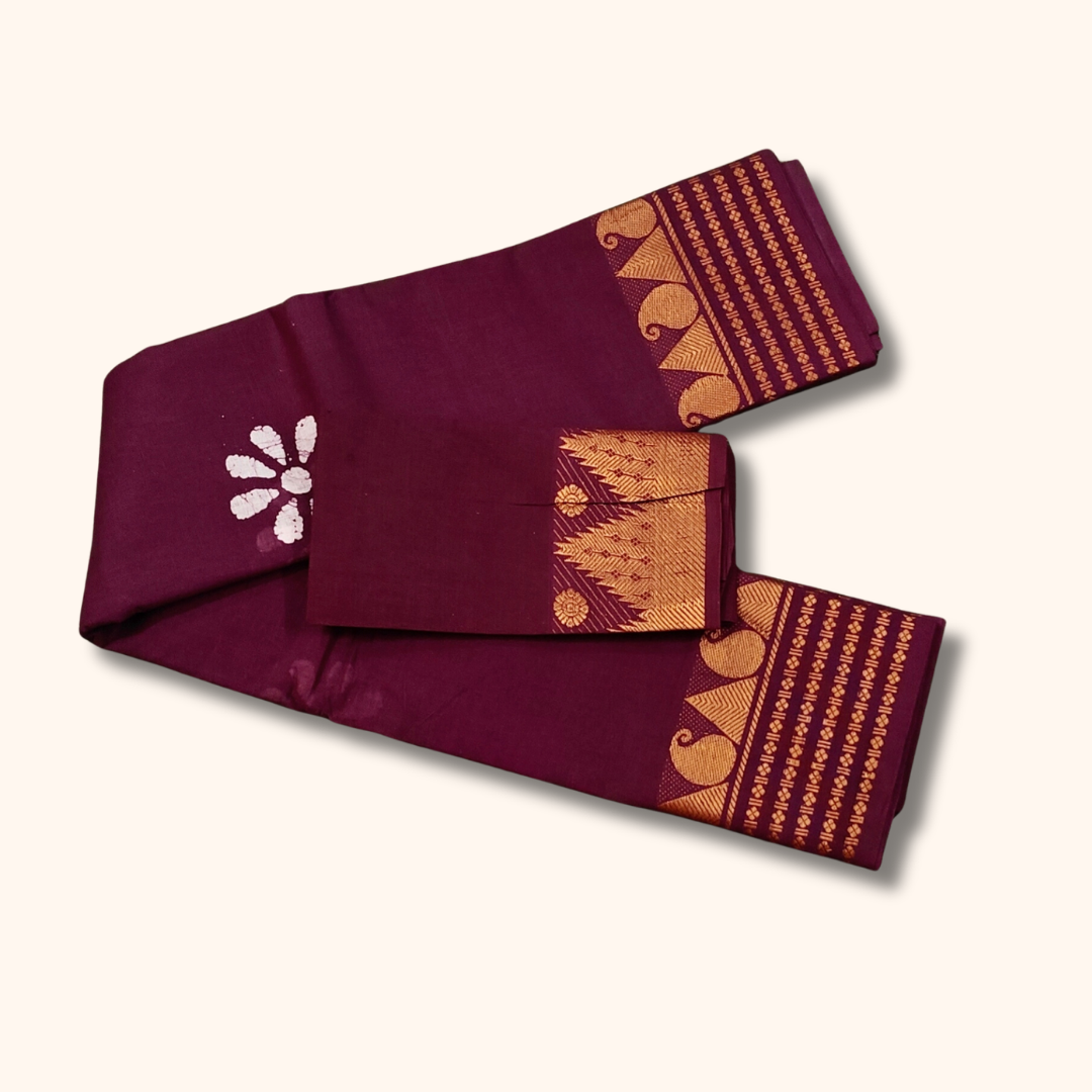 Maroon Sungudi Cotton Saree with Traditional Zari Border & Matching Blouse Piece