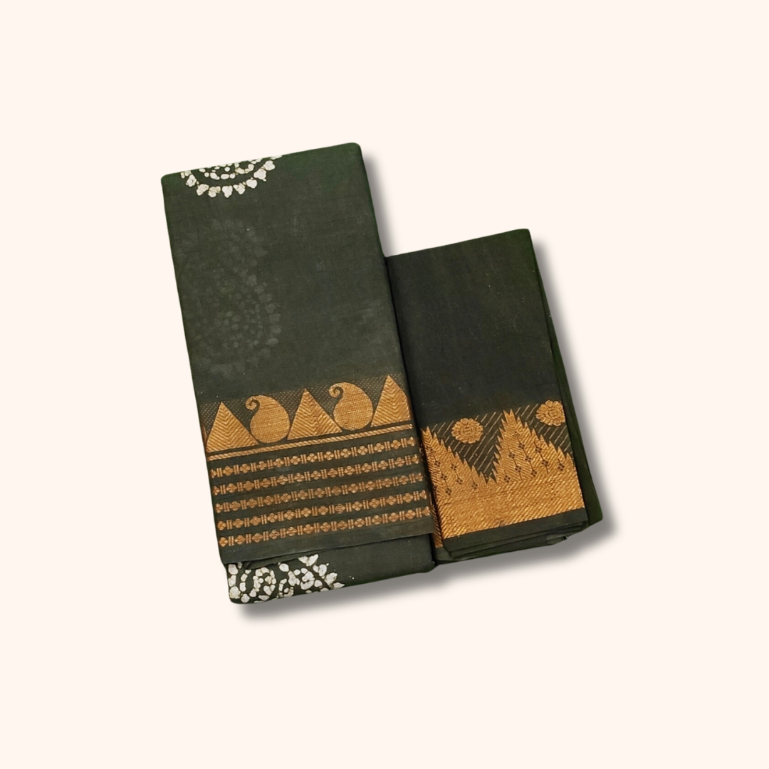 Dark Olive Green Sungudi Cotton Saree with Traditional Gold Zari Border & Matching Blouse Piece