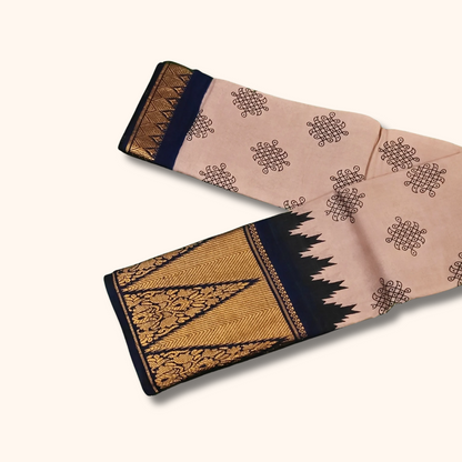 Rose Beige & Black Traditional Sungudi Cotton Saree with Designer Black Temple Zari Border