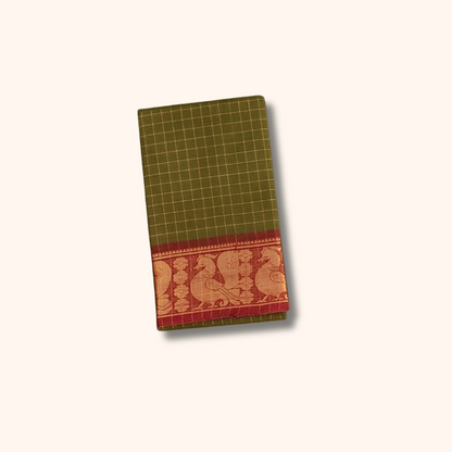 Beautiful Olive Green Checked Chettinad Cotton Saree