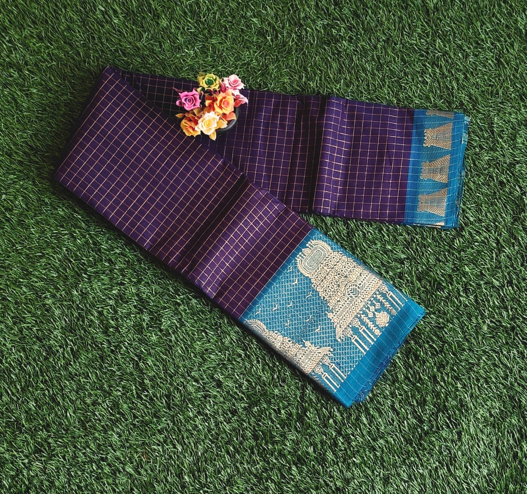 Chettinad Cotton Saree with Meenakshi Gopuram Border – Purple Checks with Teal Blue Border