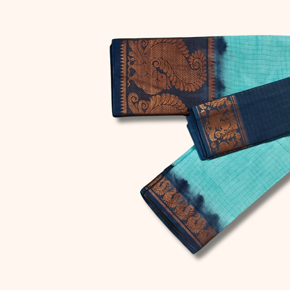 Sky Blue Thread Work Sungudi Cotton Saree with Peacock Border