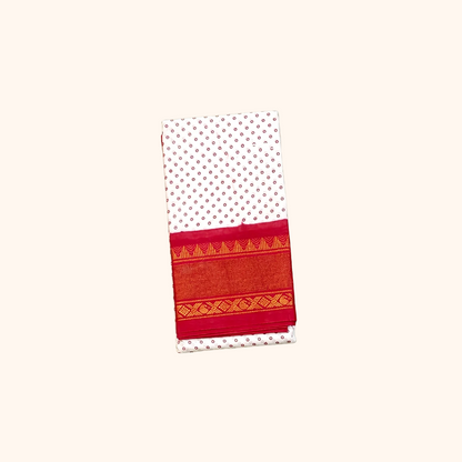 Off-White & Red Sungudi Cotton Saree with Small Dot Pattern & Zari Border
