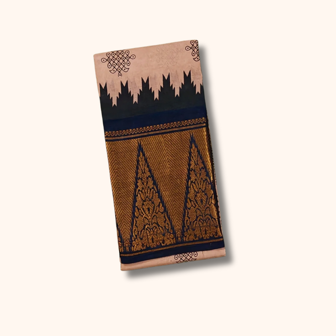 Cream & Black Temple Border Kolam Sungudi Cotton Saree