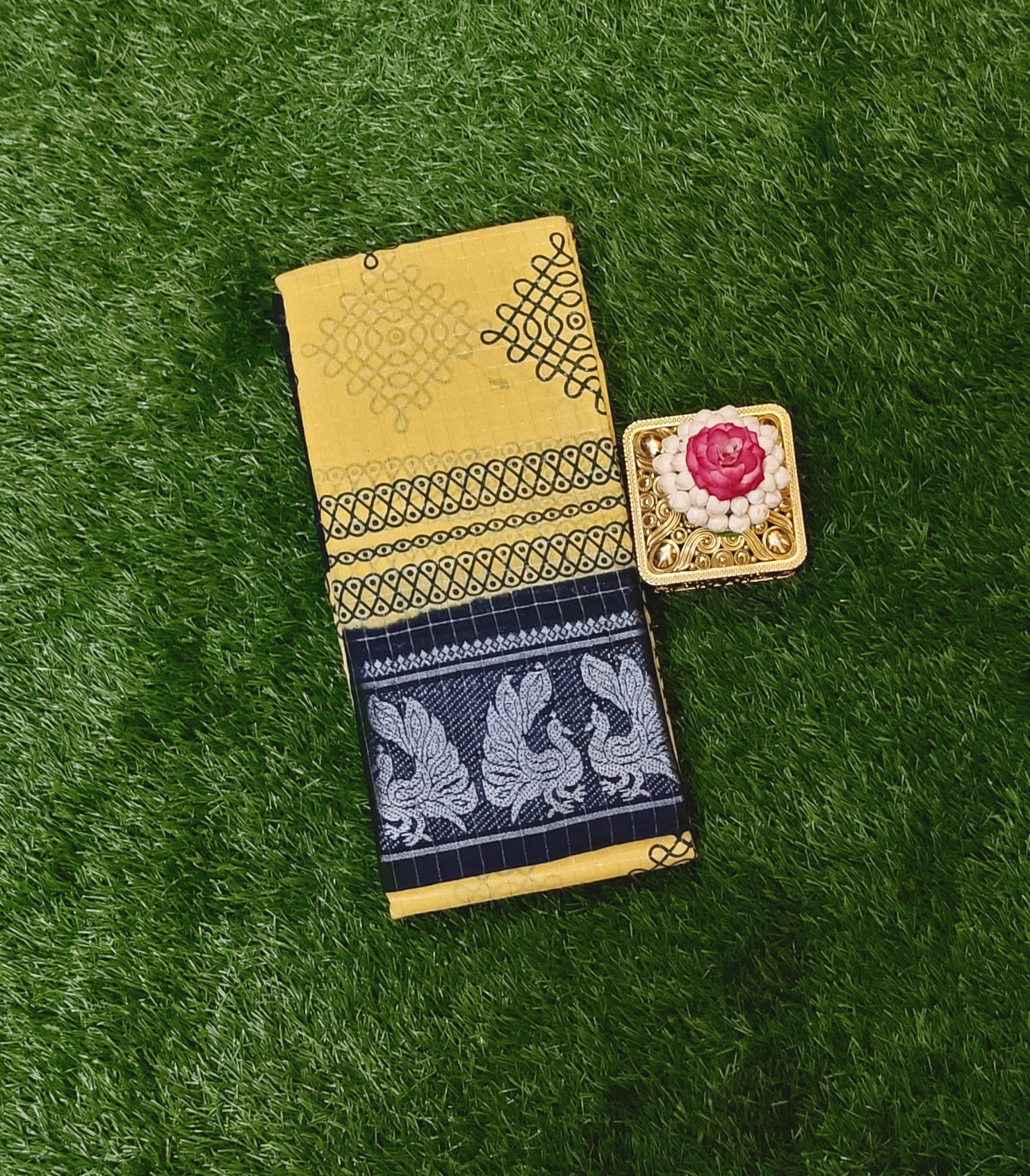 Beautiful Lemon Yellow Kolam Design Sungudi Cotton Saree with Black Zari Border