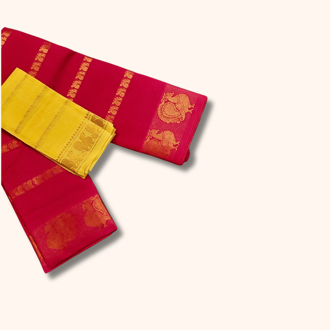 Bright Pink Cotton Saree with Gold Zari Stripes & Peacock Border – Separate Yellow Blouse Piece