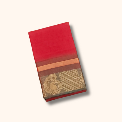 Bright Red Chettinad Cotton Saree with Traditional Peacock Zari Border