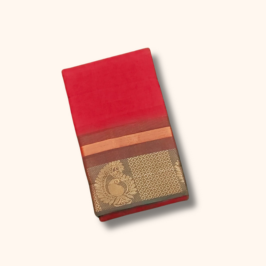 Bright Red Chettinad Cotton Saree with Traditional Peacock Zari Border
