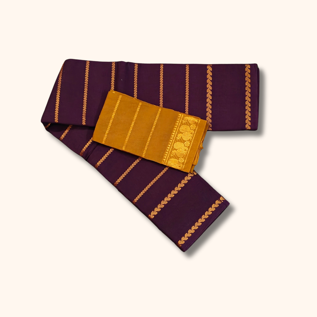 Maroon Cotton Saree with Mustard Contrast Blouse & Zari Border