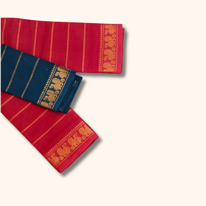 Red Sungudi Cotton Saree with Peacock green Contrast Blouse