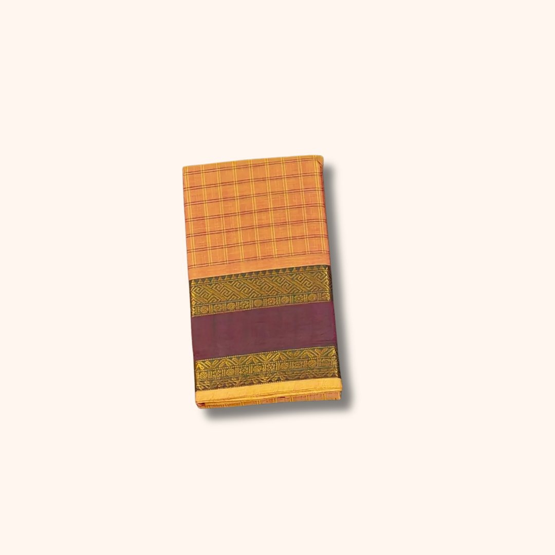 Mustard Yellow Checked Chettinad Cotton Saree with Wine Purple Border