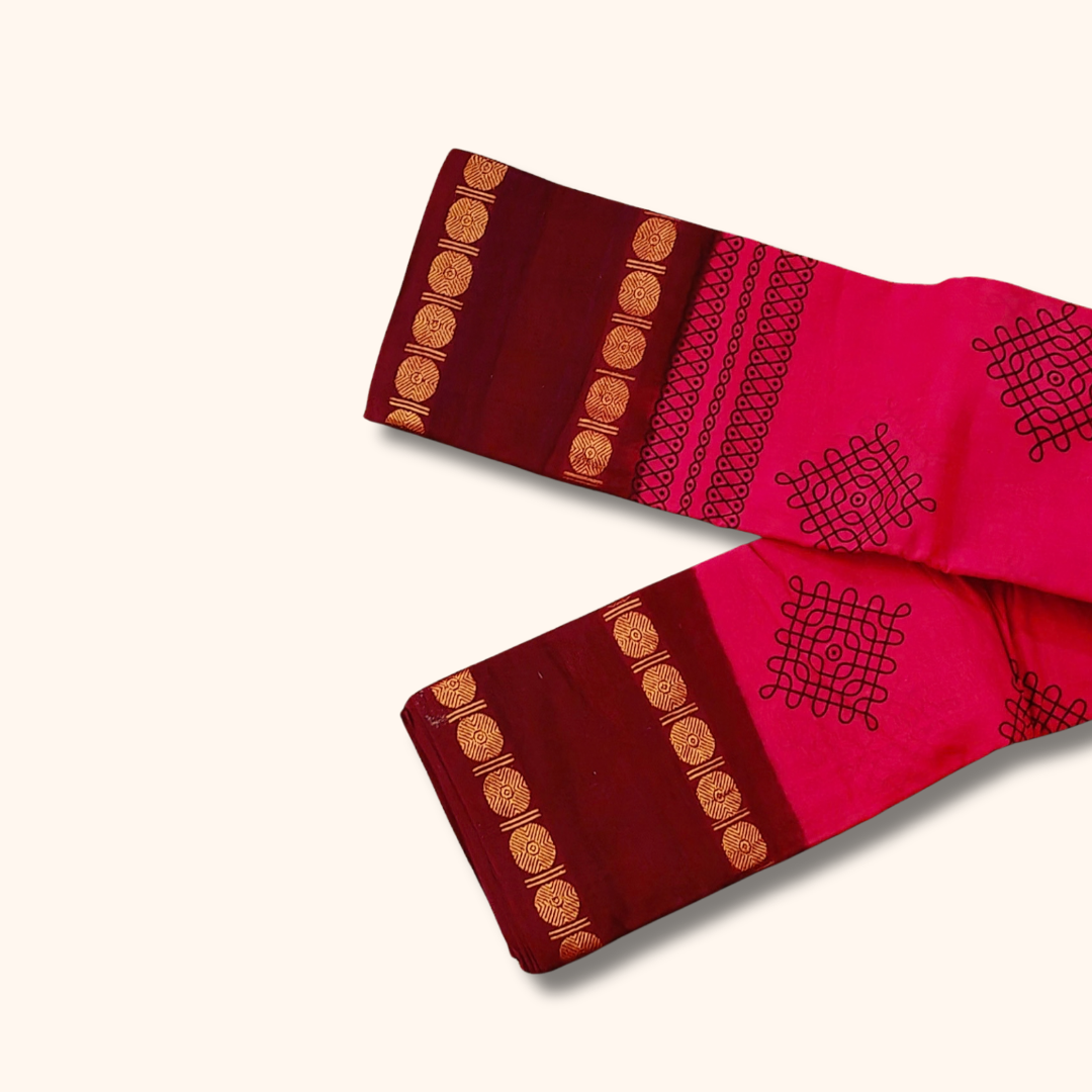 Rani Pink Kolam Cotton Saree with Maroon Zari Border – Running Blouse