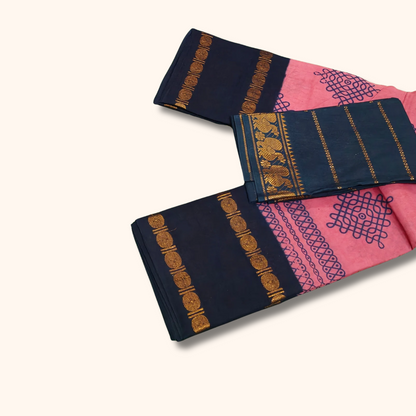 Pink Sungudi Kolam Cotton Saree with Contrast Navy Blue Blouse Piece