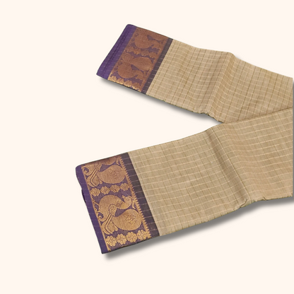 Beige Chettinad Cotton Saree with Purple Peacock Zari Border