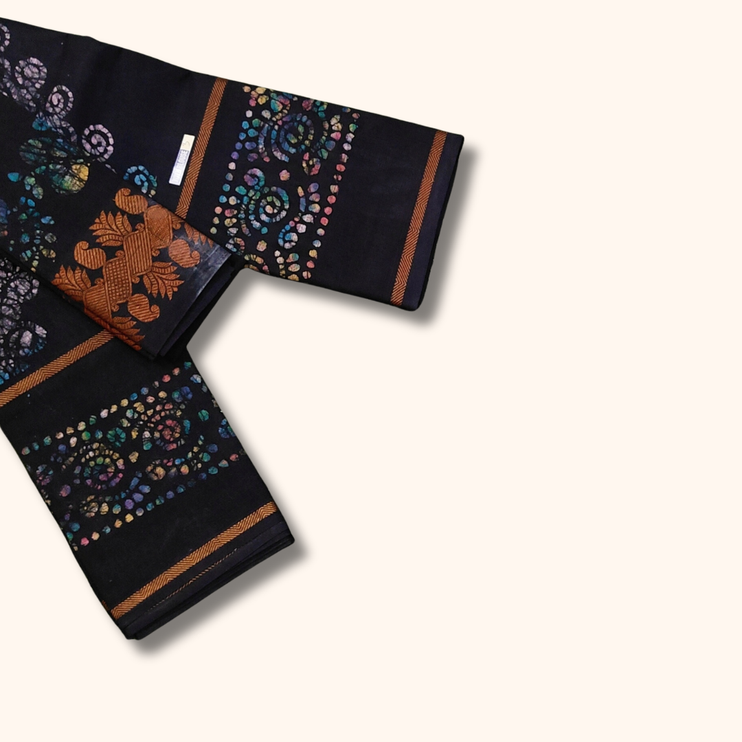 Navy Blue Sungudi Cotton Saree with Multicolor Batik Floral Design & Contrast Border