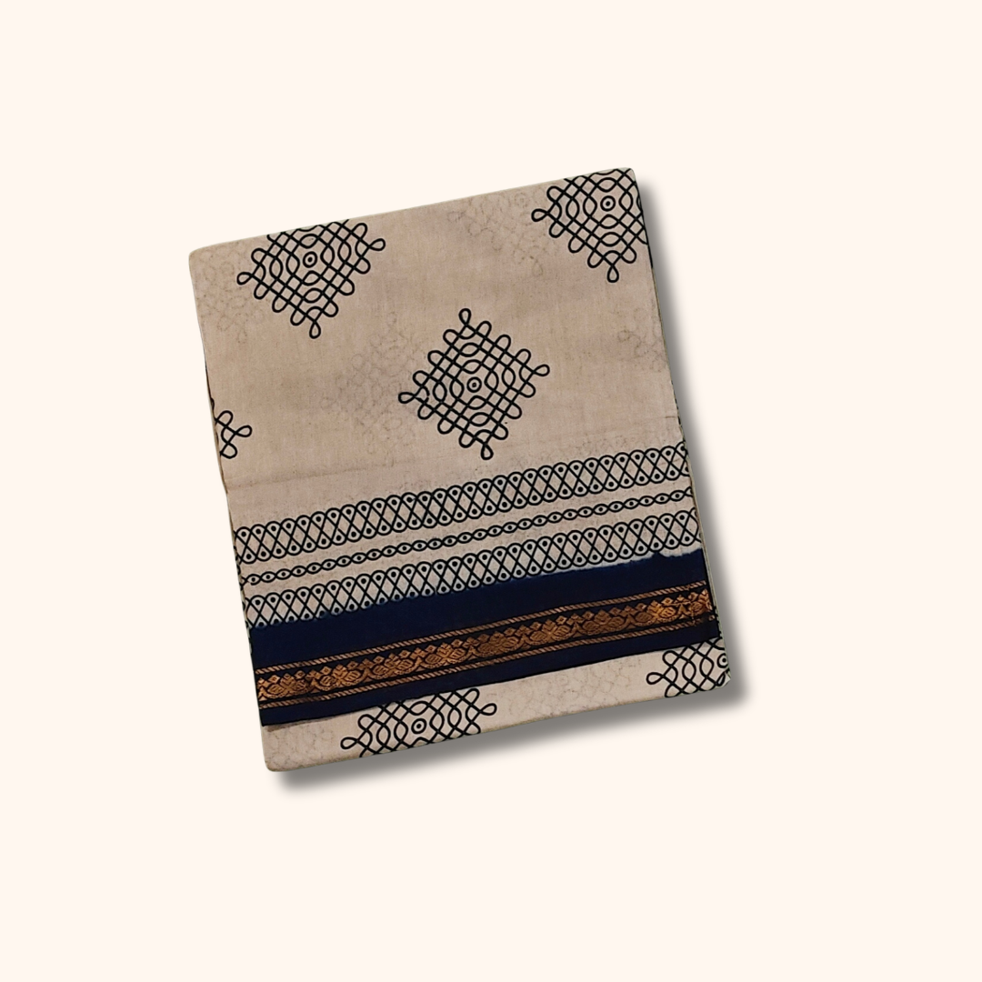 Sand Beige Sungudi Cotton Saree with Navy Blue Border