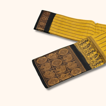 Mustard Yellow Sungudi Cotton Saree with Traditional Stripes & Black-Gold Heritage Border
