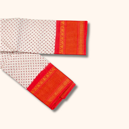 White Cotton Saree with Coral Orange Rich Border