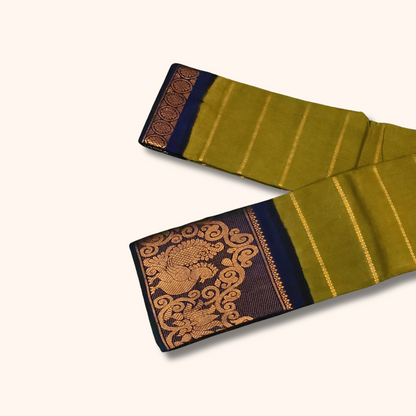 Olive Green Sungudi Cotton Saree with Navy Blue Peacock Zari Border