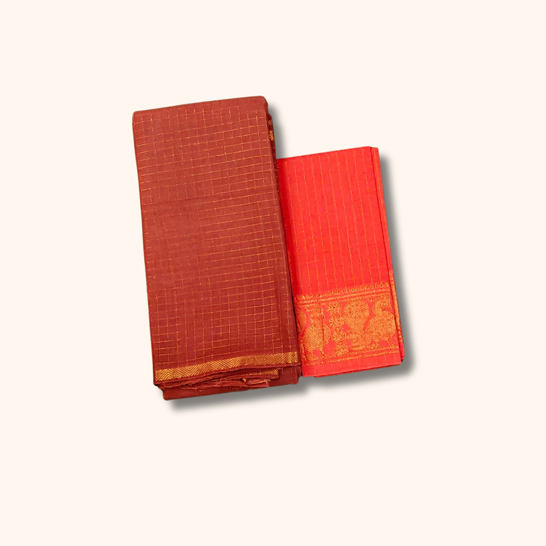 Coffee Brown Checked Sungudi Cotton Saree with Red Peacock Zari Border