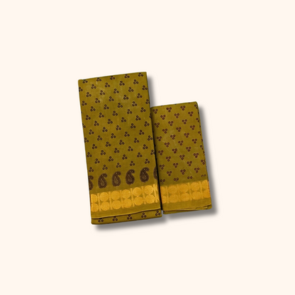 Olive Green Dot Print Cotton Saree with Gold Zari Border