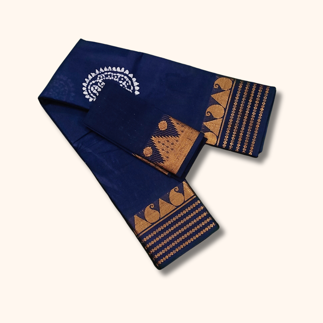 Royal Navy Blue Sungudi Cotton Saree with Traditional Gold Zari Border & Matching Blouse Piece