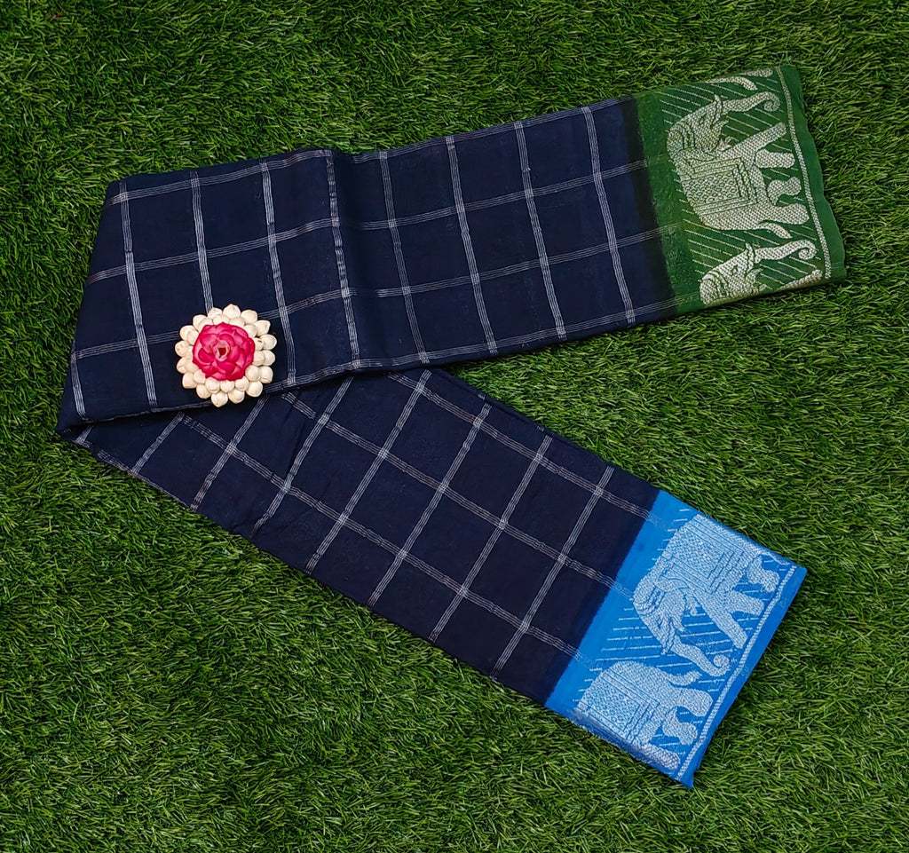 Beautiful Navy Blue Sungudi Cotton Saree with Checked Pattern & Elephant Border