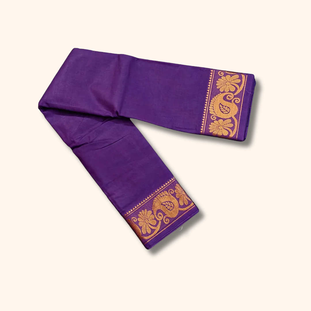 Purple Pure Cotton Saree with Traditional Paisley & Floral Border – Running Blouse