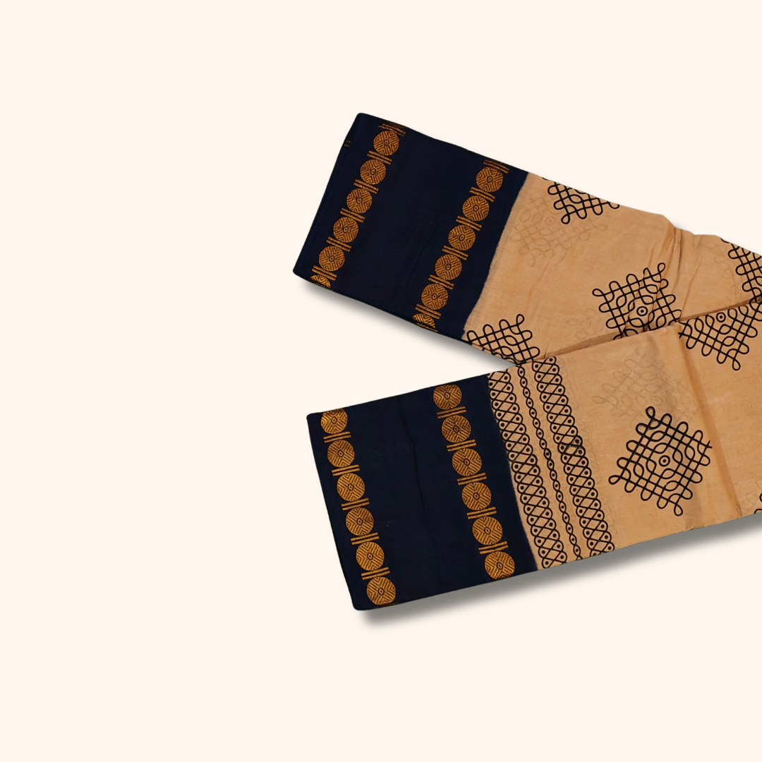 Beige Sungudi Cotton Saree with Black Kolam Motifs & Dark Blue Zari Border